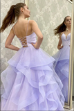 Sparkly Purple Tulle A Line V Neck Long Prom Dresses, Evening Gowns HZ0527