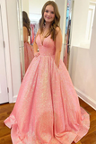 Shimmering Sequin Lace Straps Neckline A Line Prom Dress With Pockets HZ0527