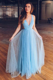 Shiny Light Blue V Neck Long Tulle Prom Dress For Teens HZ0527