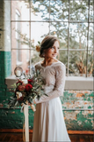 Chiffon A Line Long Sleeves Open Back Lace Wedding Dress, Bridal Dress HZ0527