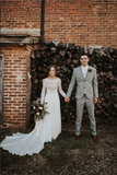 Chiffon A Line Long Sleeves Open Back Lace Wedding Dress, Bridal Dress HZ0527