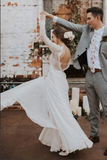 Chiffon A Line Long Sleeves Open Back Lace Wedding Dress, Bridal Dress HZ0527