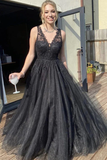 A Line V Neck Black Tulle Prom Dress Black Formal Dress HZ0527