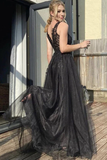 A Line V Neck Black Tulle Prom Dress Black Formal Dress HZ0527