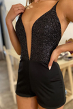 Classic Detachable A Line V Neck Sequins Black Tulle Prom Formal Gown HZ0527