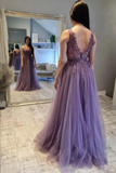Mauve Tulle A Line Lace V Neck Floor Length Prom Dresses, Evening Dress HZ0527