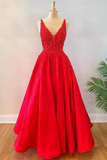 V Neck Open Back Red Lace Long Prom Dress, Red Lace Formal Dress, Beaded Red Evening Dress HZ0527