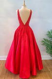 V Neck Open Back Red Lace Long Prom Dress, Red Lace Formal Dress, Beaded Red Evening Dress HZ0527
