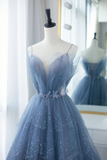 Shiny Tulle V Neck Blue Long Prom Dress, Blue Tulle Formal Evening Dress, Blue Ball Gown HZ0527