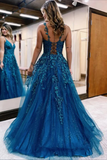 Blue Tulle A Line V Neck Lace Appliques Long Prom Dresses, Evening Gown HZ0527