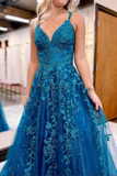 Blue Tulle A Line V Neck Lace Appliques Long Prom Dresses, Evening Gown HZ0527