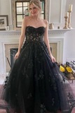 Strapless Black Lace Tulle Long Prom Dress, Black Lace Formal Dress, Long Black Evening Dress HZ0527
