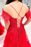 V Neck Off Shoulder Red Lace Long Prom Dress with High Slit, Red Lace Formal Dress, Red Evening Dress HZ0527