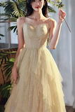 Shiny A Line Champagne Tulle Long Prom Dress, Layered Formal Graduation Evening Dress HZ0527
