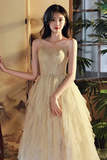 Shiny A Line Champagne Tulle Long Prom Dress, Layered Formal Graduation Evening Dress HZ0527