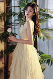 Shiny A Line Champagne Tulle Long Prom Dress, Layered Formal Graduation Evening Dress HZ0527
