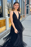 A Line V Neck Black Tulle Layered Long Prom Dress, V Neck Black Formal Dress HZ0527