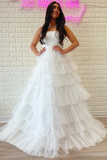White Strapless Tiered A Line Long Prom Dress With Ruffles HZ0527