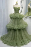 Elegant Straps Pleated Green Tiered Tulle Prom Formal Dress HZ0527