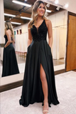 Black Satin A Line V Neck Prom Dresses With Lace, Split Evening Gowns HZ0527