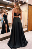 Black Satin A Line V Neck Prom Dresses With Lace, Split Evening Gowns HZ0527