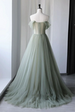 Off Shoulder Green Tulle Floral Long Prom Dresses, Green Evening Dresses with 3D Flowers HZ0527