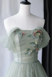 Off Shoulder Green Tulle Floral Long Prom Dresses, Green Evening Dresses with 3D Flowers HZ0527