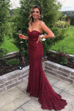 Sweetheart Mermaid Burgundy Lace Prom Dress Strapless Evening Dress HZ0527