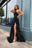 A Line One Shoulder Black Sequins Prom Dresses with Slit HZ0527