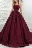 Shiny Halter Open Back Burgundy Prom Dresses Long, Open Back Maroon Formal Evening Dresses HZ0527