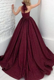 Shiny Halter Open Back Burgundy Prom Dresses Long, Open Back Maroon Formal Evening Dresses HZ0527