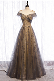 Gray Scoop Tulle Sequins Long Prom Dress, A Line Evening Party Dress HZ0527