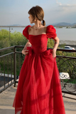 Red Tulle Long A Line Prom Dress, Cute Short Sleeve Graduation Dress HZ0527