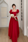 Red Tulle Long A Line Prom Dress, Cute Short Sleeve Graduation Dress HZ0527