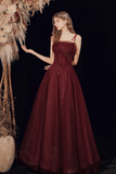 Burgundy A Line Shiny Tulle Long Prom Dress, Lovely Lace Up Graduation Dress HZ0527