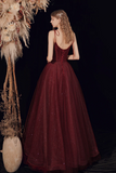 Burgundy A Line Shiny Tulle Long Prom Dress, Lovely Lace Up Graduation Dress HZ0527