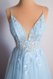 Light Blue V Neck Lace Up Appliques Tulle Long Prom Dress Evening Dress HZ0527