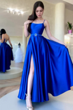 Royal Blue Satin A Line Spaghetti Straps Formal Prom Dress HZ0527