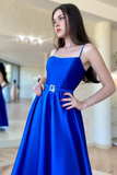 Royal Blue Satin A Line Spaghetti Straps Formal Prom Dress HZ0527