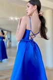 Royal Blue Satin A Line Spaghetti Straps Formal Prom Dress HZ0527