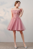 Chic A Line Off The Shoulder Tulle Pink Charming Short Prom Dress Homecoming Dress HZ0527