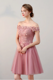 Chic A Line Off The Shoulder Tulle Pink Charming Short Prom Dress Homecoming Dress HZ0527