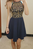 Unique round neck rhinestones short prom dress, cute homecoming dress HZ0527