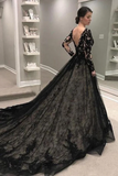 Black Long Sleeves A Line Lace Wedding Dresses HZ0527