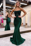 Charming Mermaid Scoop Neck Dark Green Satin Long Prom Dresses with Beading HZ0527