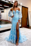 Cute Mermaid Sweetheart Sequins Lace Long Prom Dresses with Slit HZ0527
