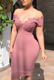 Dusty Rose Sheath Spaghetti Straps V Neck Sue Satin Homecoming Dresses Off The Shoulder Appliques HZ0527