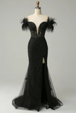 Strapless Black V Neck Feather Glitter Mermaid Long Prom Dress HZ0527