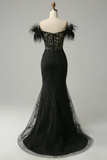 Strapless Black V Neck Feather Glitter Mermaid Long Prom Dress HZ0527