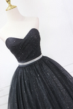 Black Strapless Shiny Tulle Tea Length Prom Dress, Black A Line Homecoming Dress HZ0527